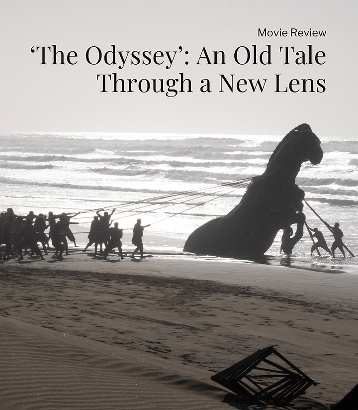 Student newspaper artwork for a review of Christopher Nolan's The Odyssey